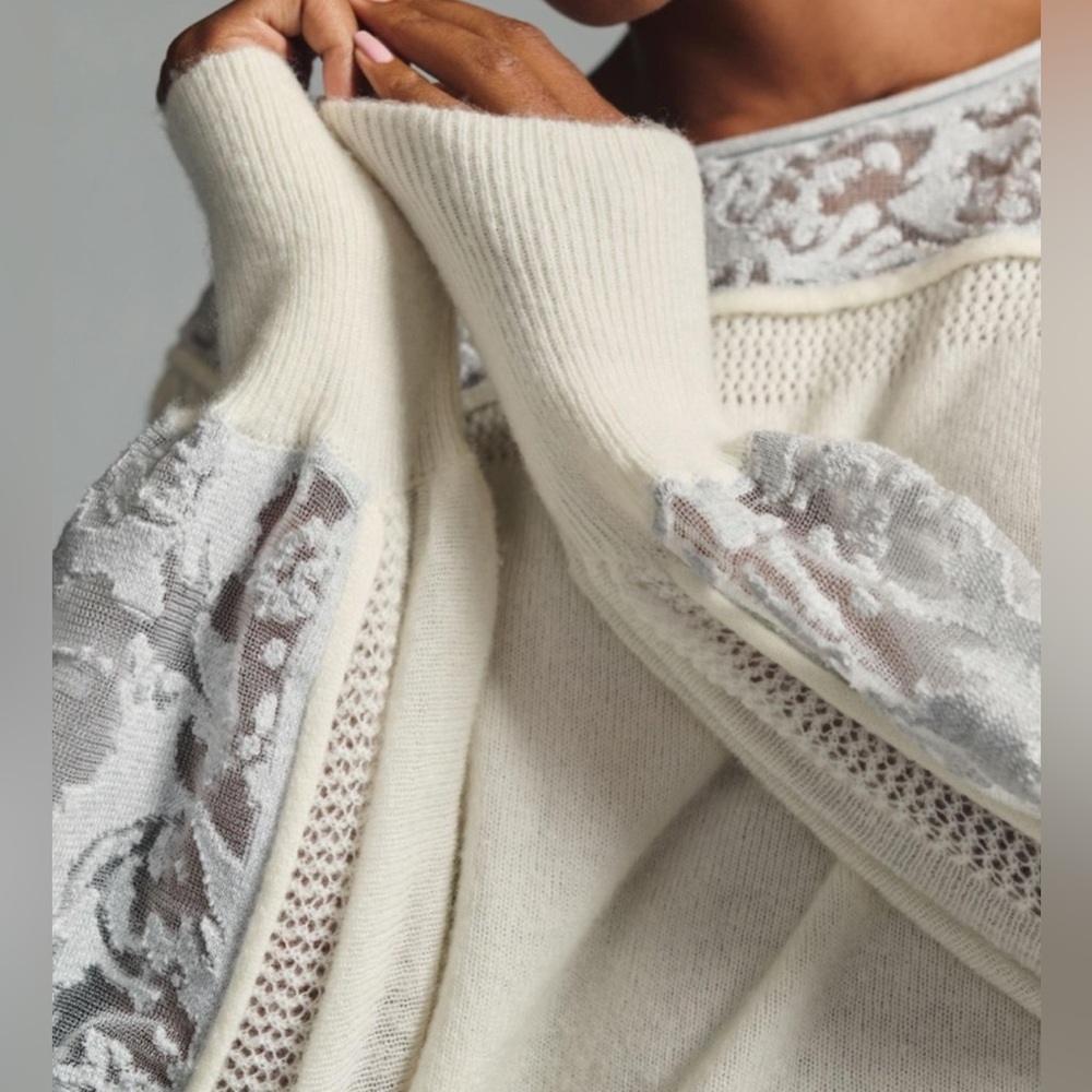 ANTHROPOLOGIE Plus 1X Ivory Pewter Balloon Sleeve Wool Blend Boho Lace Sweater - Picture 4 of 16